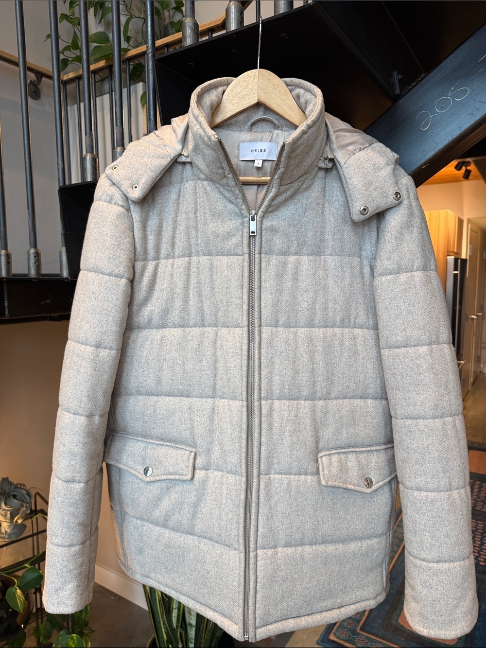 Reiss Light Gray Quilted Puffer Jacket